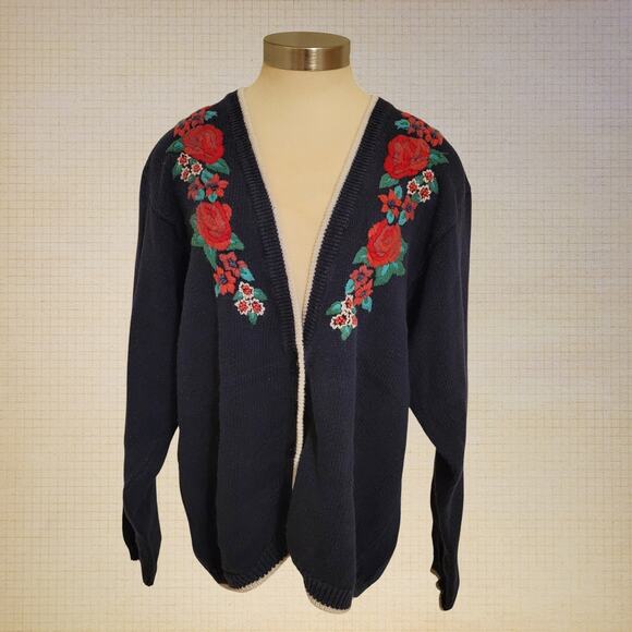 Worthington Sweaters - Northington Vintage Floral Embroidered Cardigan Women's XL Navy Blue Open Front
